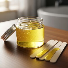 Jar of Wax with Applicators for Hair Removal on Table.