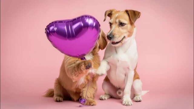 A cute couple of dogs posing with a purple heart balloon. Two adorable pets celebrating Valentine's Day on a pink studio background