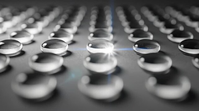Monochrome array of clear glass drops arranged in a grid pattern, highlighting one.