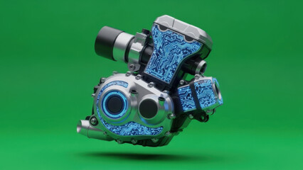 High Tech Robotic Gearbox with Circuit Pattern on Blue Panels