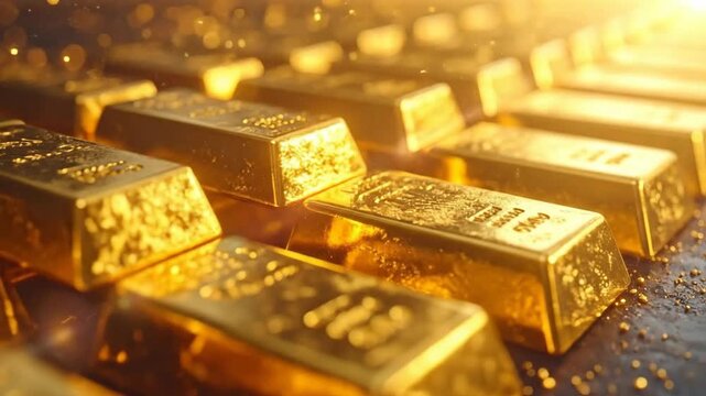 Close-up of shiny gold bars arranged in neat rows, reflecting light.