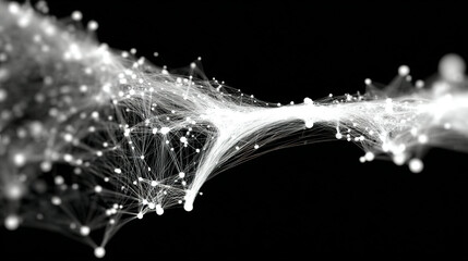 Abstract digital network with interconnected nodes and flowing lines in black and white.