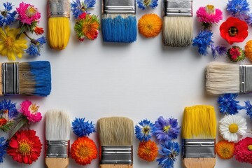 Paintbrushes and flowers arranged in a rectangle frame on a white background