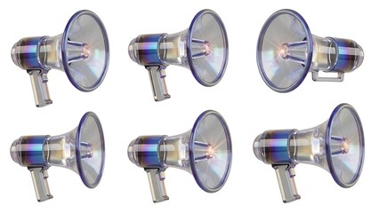 Collection of 3D Rendered Megaphones (Loudhailers) with Iridescent Finish.