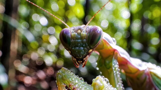 Close-up of a Praying Mantis head in nature with its compound eyes, detailed insect wildlife background