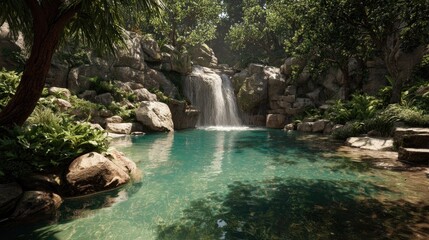 Tranquil waterfall cascading into a crystal-clear pool nestled within a lush, rocky jungle