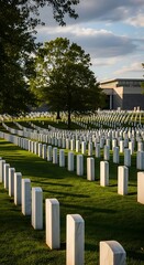 Rows of Headstones at Arlington National Cemetery on a Sunny Day.