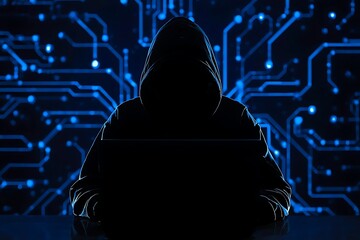 Generative AI Illustration of a Mysterious Cyber Hacker in Dark Hoodie