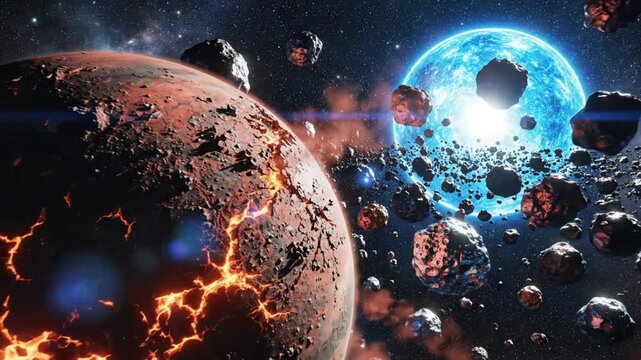 Epic cosmic scene with a planet of fire and destruction as asteroids surround a luminous blue star in space.