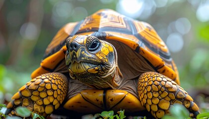 Close-up of a vibrant tortoise with yellow-patterned shell and focused eyes amidst foliage