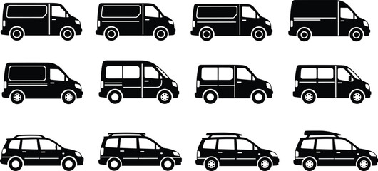 Black delivery van and passenger car silhouette icons set, commercial transportation vehicle vector illustrations isolated on a white background, automotive © Hello There