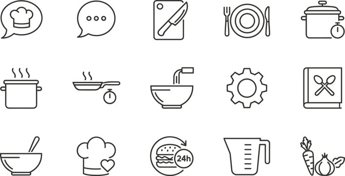 Large set of professional kitchen and cooking line icons featuring chef hats, pots, pans, utensils, and vegetables.