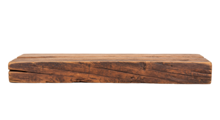 Horizontal plank of distressed mahogany wood with rustic grain and knots on a transparent background. Concept of authentic natural material