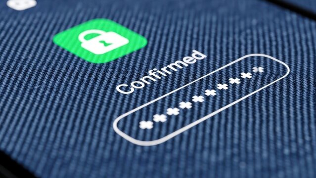 Successful digital security authentication confirmed on mobile device screen with green padlock icon masked password input, for data protection, privacy, verified access - Powered by Adobe