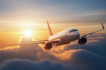 Fototapeta premium Large commercial airplane flying high above the clouds during a dramatic and golden sunset