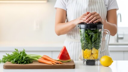 Woman preparing a vibrant healthy smoothie with fresh fruit and vegetables in a modern kitchen