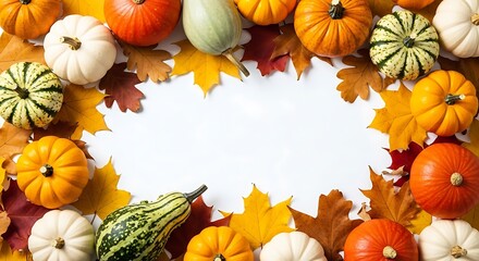 Autumn Harvest - Pumpkins and Maple Leaves Frame on White Background.