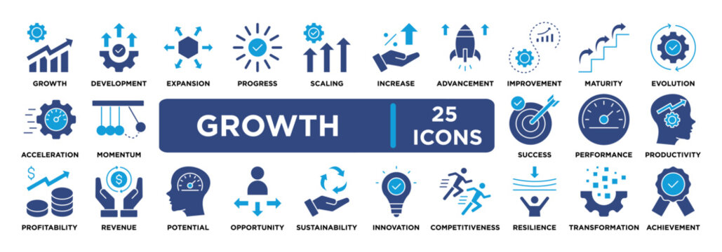 Growth solid icon set with development, expansion, scaling, progress, success, productivity, revenue, innovation, and performance concepts. vector blue