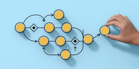 Human hand completing a business process workflow diagram with yellow circular icons on a blue background, concept of strategy and management.
