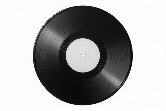 Classic black vinyl record with a blank white label isolated on a white background, top view of retro analog music disc.