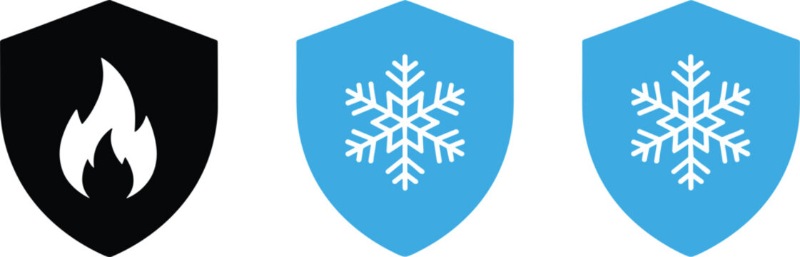 Protective shield icons featuring fire and snowflake symbols representing thermal insulation extreme temperature safety and climate control solutions.