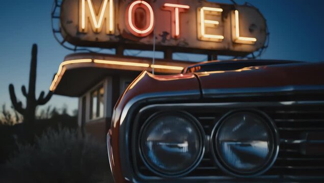Vintage neon motel sign glowing at dusk in desert with classic American car for retro road trip concept and cinematic atmosphere
