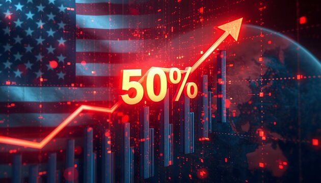 A graphic representation of a 50 percent increase in growth with an American flag background - Powered by Adobe