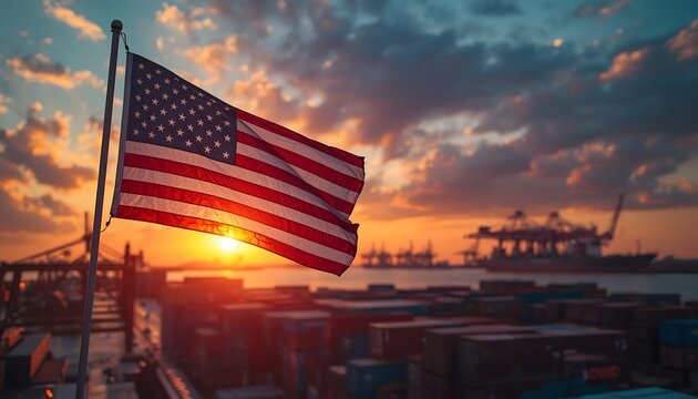 The American flag flies proudly in front of a cargo port at sunset