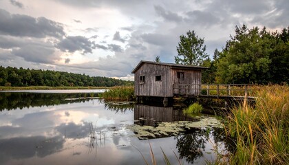 Fototapeta premium Rustic wooden boathouse on tranquil lake under cloudy sky, serene landscape.