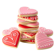 A stack of heart-shaped cookies with pink and red icing on a white background