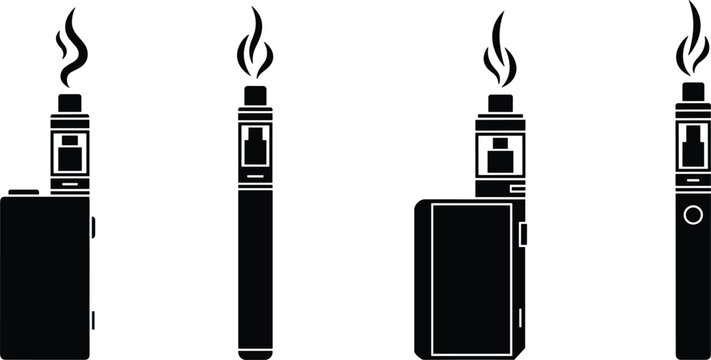 Set of black electronic cigarette icons featuring vape mods and pens with steam clouds for smoking alternative designs.