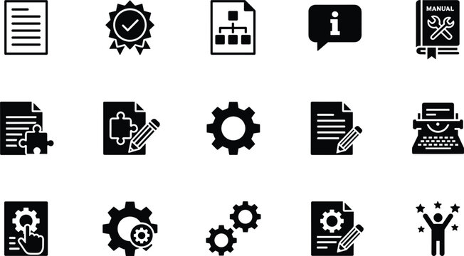 Set of black flat icons representing document management technical support manual gear settings and business workflow optimization symbols.