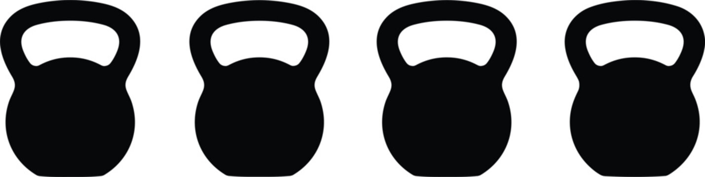 Set of black kettlebell silhouettes for fitness training and bodybuilding workouts isolated on a plain white background.