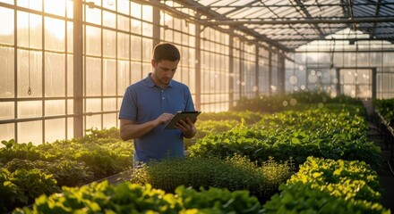 A farmer uses a tablet to monitor plant growth in a modern greenhouse, embracing technology for efficient agriculture.