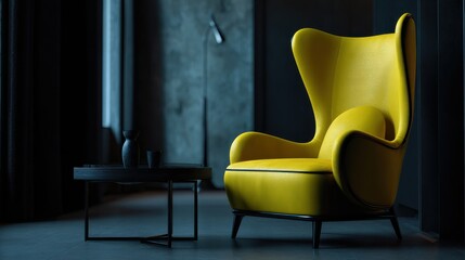 wing chair with sleek black coffee table background on blurred background