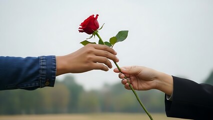 Two people exchanging a red rose in a serene outdoor setting captured from a side viewpoint Whisk
