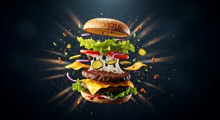 Exploding Burger - A Delicious Culinary Creation in Mid-Air.