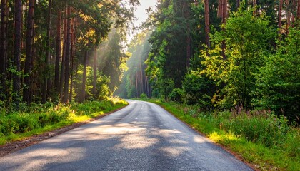 Obraz premium Scenic Forest Road - A Serene Drive Through Natures Embrace with Sunlight.