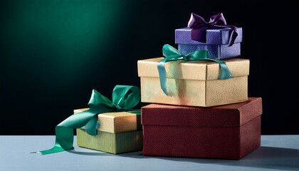 Obraz premium Professionelle Stilllebenfotografien Zeigen Mehrere Sorgfaltig Gestapelte Premium Geschenkboxen Die Mit Luxuriosen Satinbandern Verziert Sind Und Satte Juwelentone Aufweisen