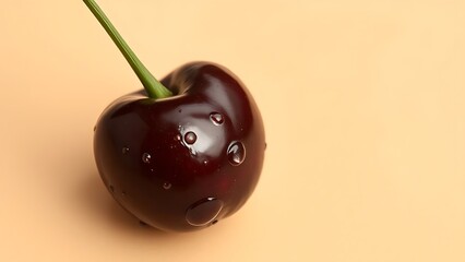 Close-up of a ripe cherry with water droplets on a beige background.