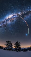 Milky Way Arc Over Winter Landscape with Trees and Snow.
