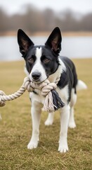 Border Collie with Rope Toy - A Focused Portrait in Natural Light.