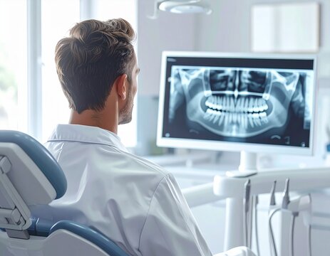 Patient Sitting in a Dental Chair Staring at a Panoramic X-ray on the Monitor