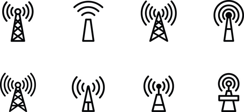 Set of black signal tower icons and radio antenna symbols for wireless communication network and telecommunication technology connectivity.