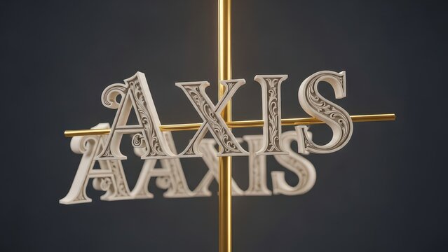 Close up of a decorative AXIS sign with a golden cross, showcasing intricate design and elegant typography.