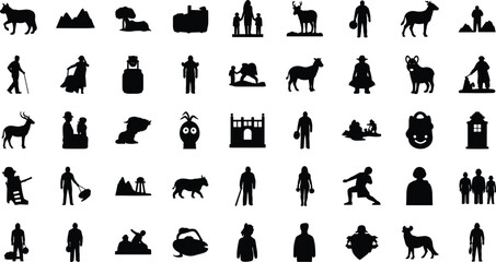 Large collection of black silhouette icons featuring arctic explorers, wild animals, family groups, hiking travel people, and various outdoor nature symbols © Itz Rakib