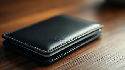 A sleek wallet lies on a wooden surface, highlighted by warm ambient lighting in a minimalist setting.