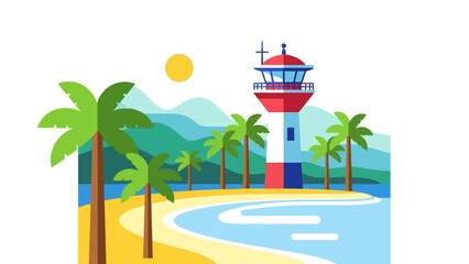 Obraz premium Tropical beach scene with lighthouse and palm trees.