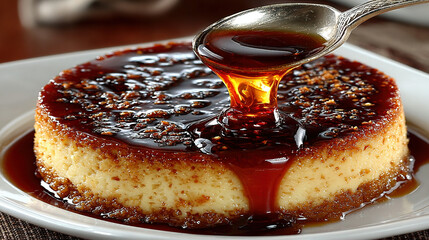 A caramel flan with syrup being spooned over it.