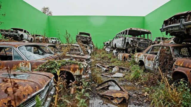Weathered Junkyard Scene: Rusty Abandoned Cars and Bus against a Vibrant Green Screen Backdrop